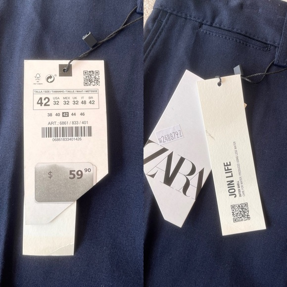 NWT Zara Slim Stretch Chino Pants 32 Navy Blue - Picture 5 of 11